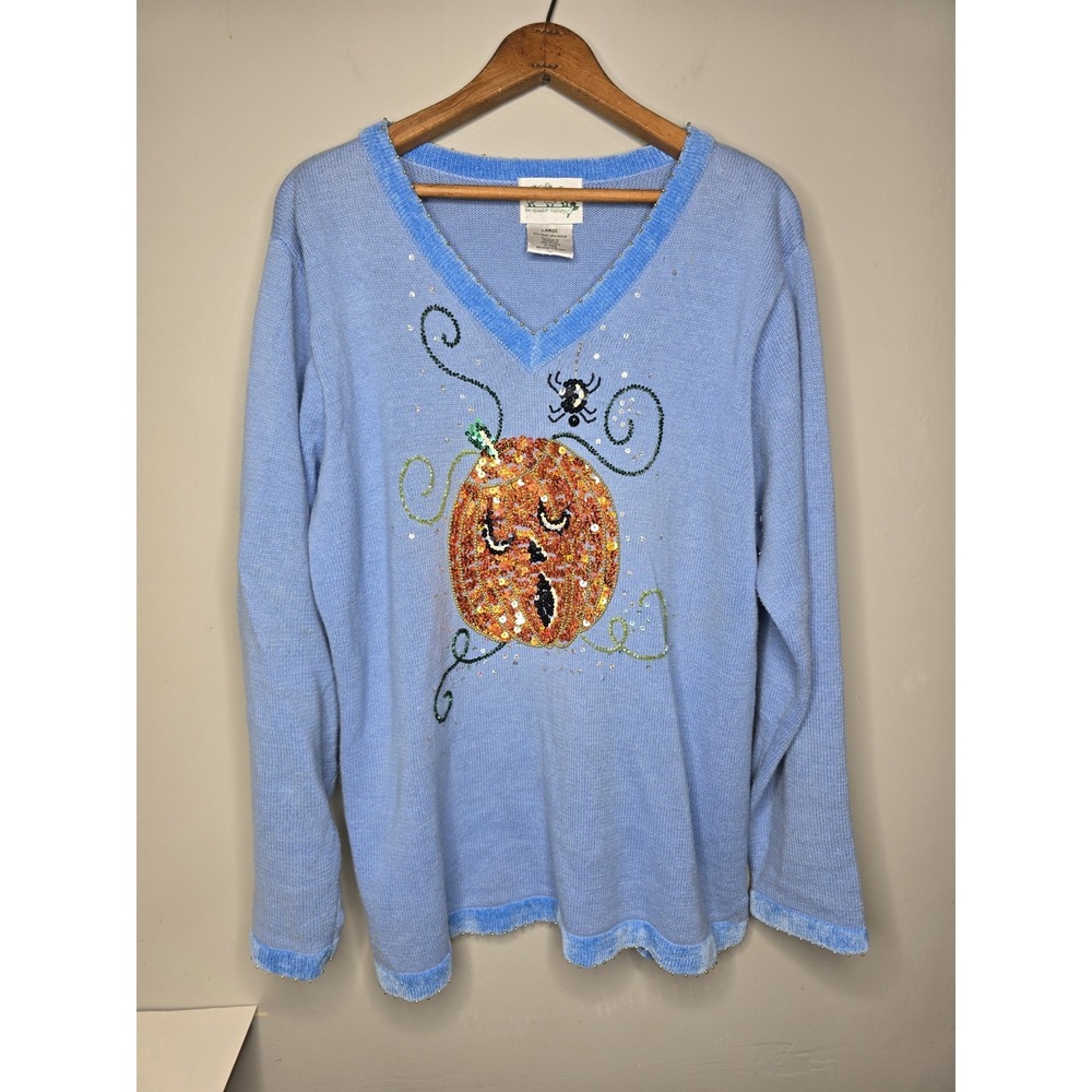 The Quacker Factory Halloween Sweater Blue Sequin Pumpkin Spider Knit Top Large